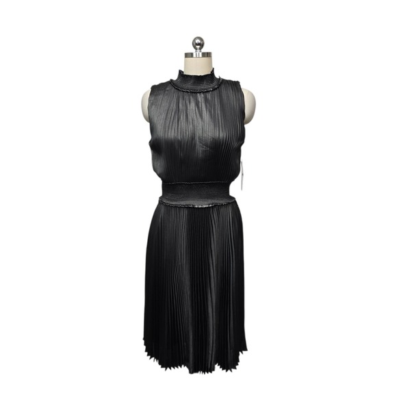 Nanette Lepore Dresses & Skirts - Nanette Lepore Charcoal Gray Pleated Smocked Mock Neck Midi Dress Sz 10 Metallic